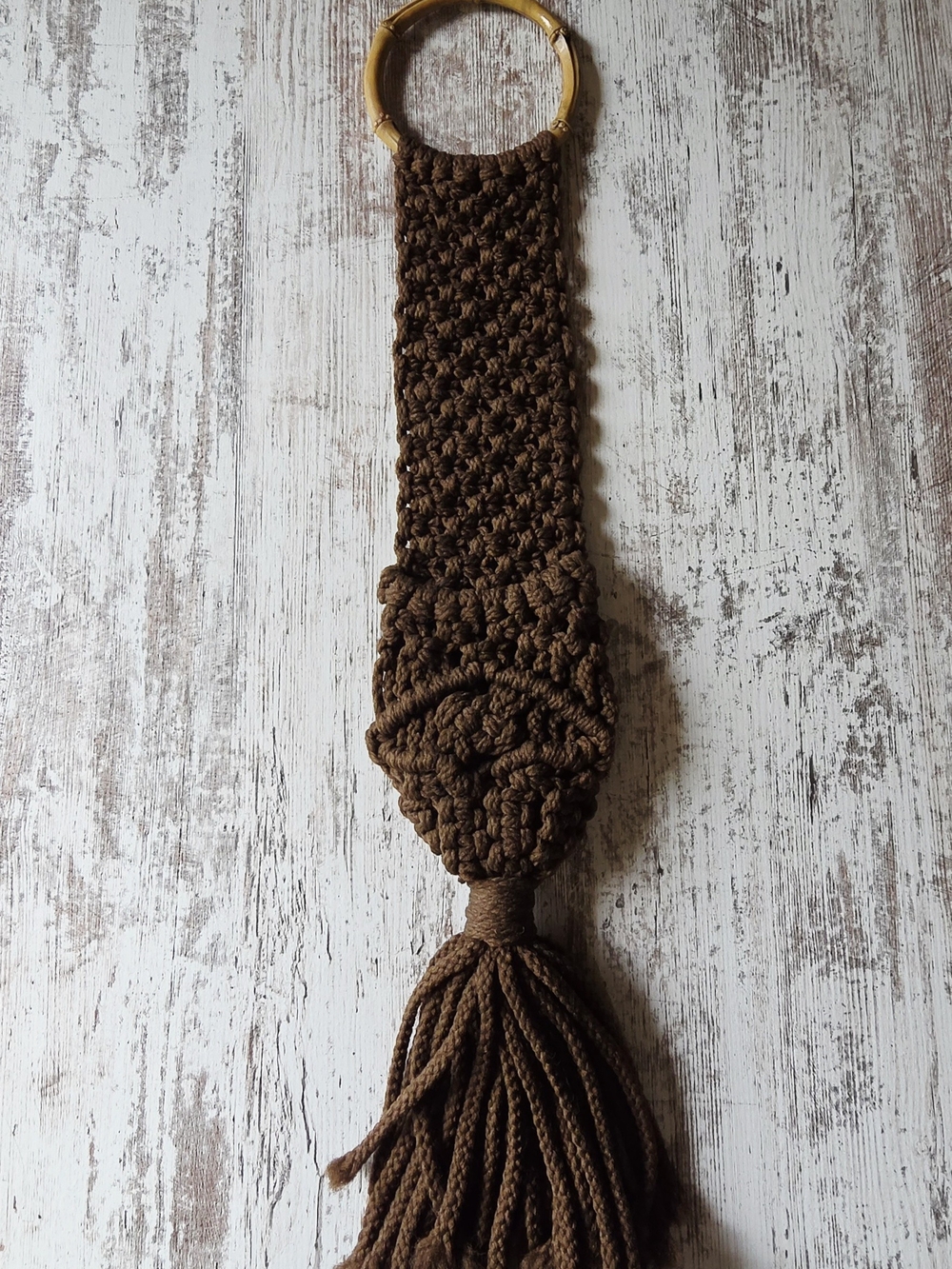 Vintage Macrame Wall Hanging Brown Woven Boho Wall Decor Bamboo Ring w Pocket